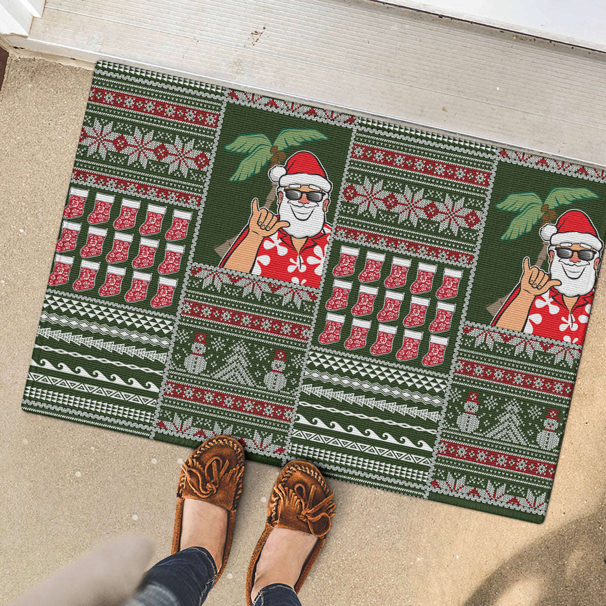 Hawaii Mele Kalikimaka Rubber Doormat Aloha and Christmas Elements Patchwork Green Style LT03 - Polynesian Pride