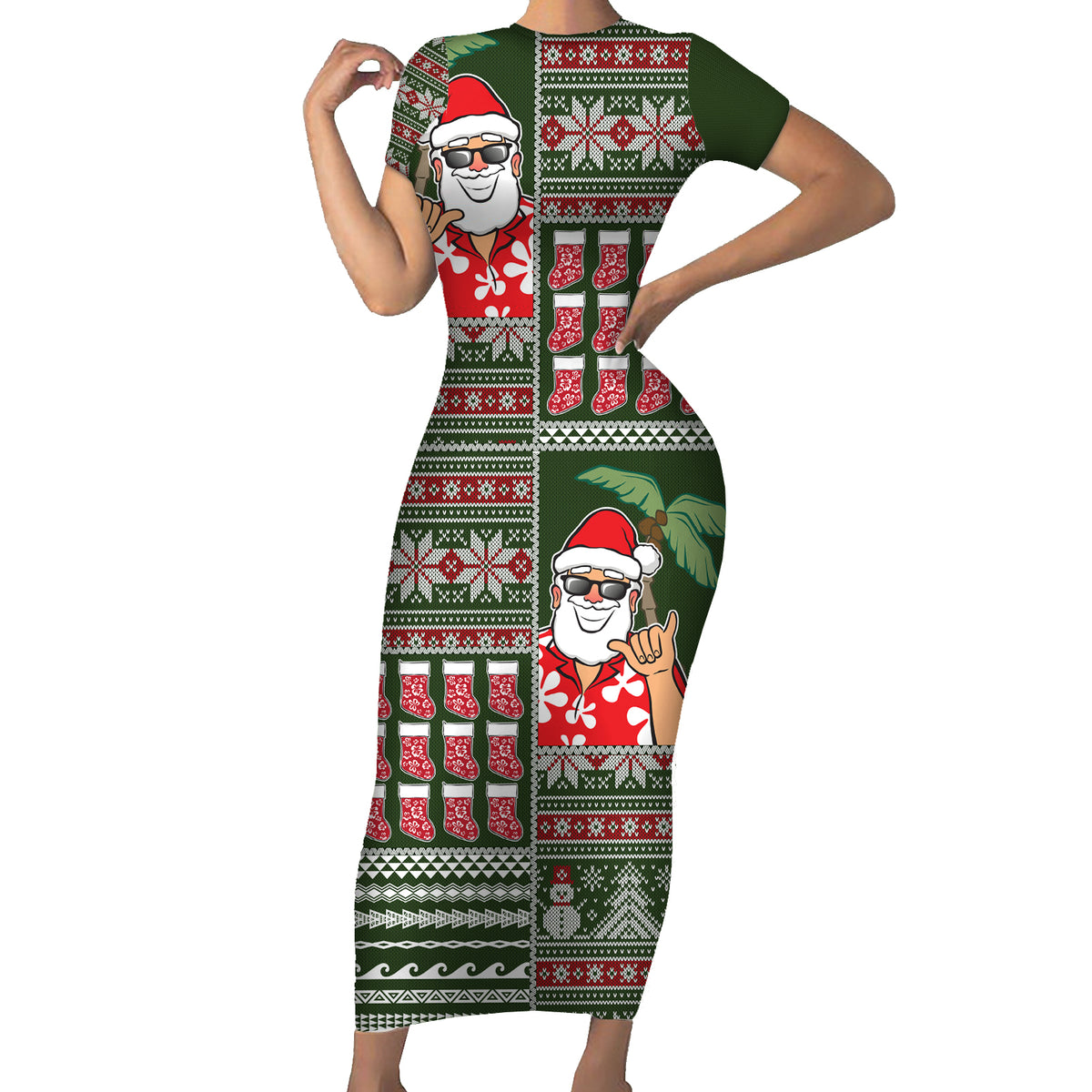 Hawaii Mele Kalikimaka Short Sleeve Bodycon Dress Aloha and Christmas Elements Patchwork Green Style LT03 Long Dress Green - Polynesian Pride