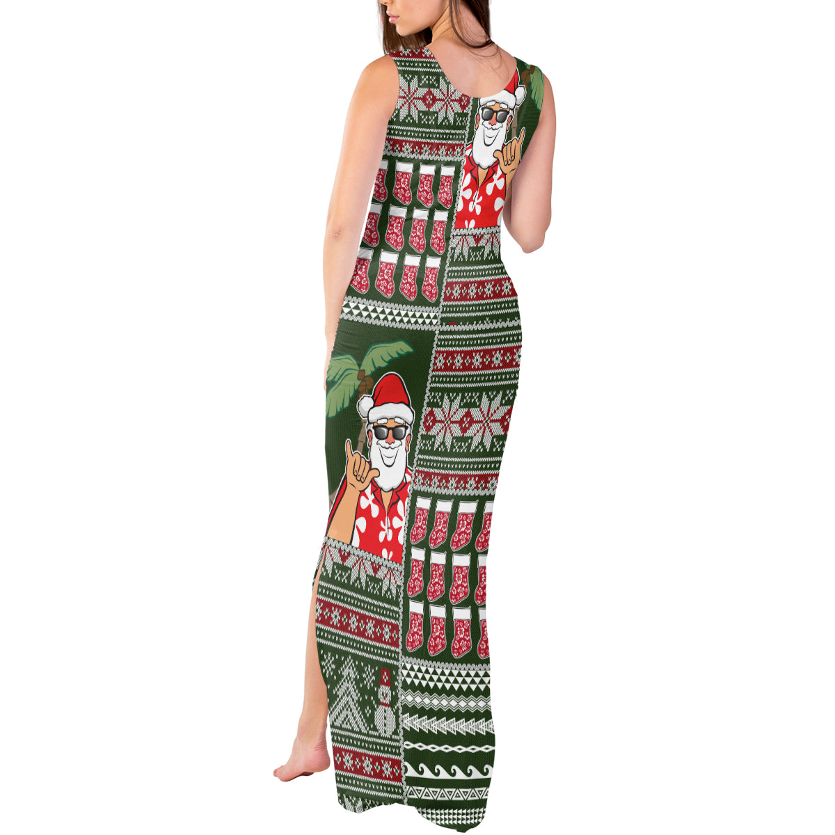 Hawaii Mele Kalikimaka Tank Maxi Dress Aloha and Christmas Elements Patchwork Green Style LT03 - Polynesian Pride