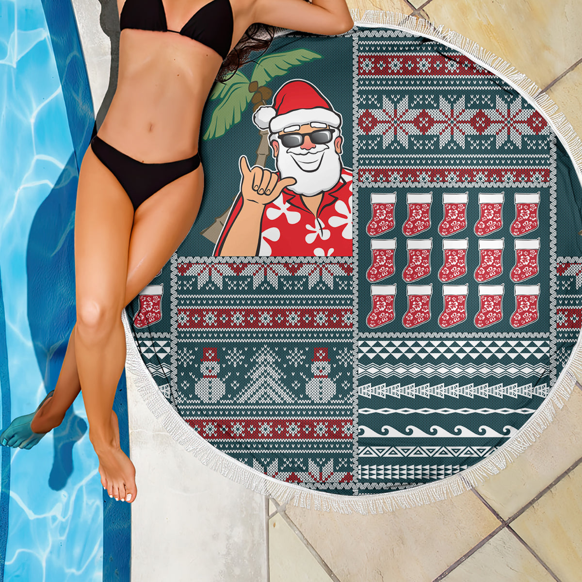 Hawaii Mele Kalikimaka Beach Blanket Aloha and Christmas Elements Patchwork Turquoise Style LT03 - Polynesian Pride