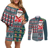 Hawaii Mele Kalikimaka Couples Matching Off Shoulder Short Dress and Long Sleeve Button Shirt Aloha and Christmas Elements Patchwork Turquoise Style LT03 Turquoise - Polynesian Pride