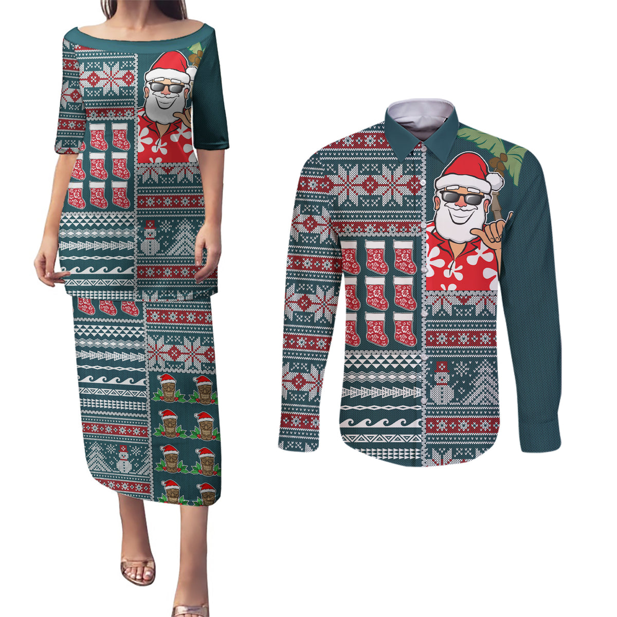 Hawaii Mele Kalikimaka Couples Matching Puletasi Dress and Long Sleeve Button Shirt Aloha and Christmas Elements Patchwork Turquoise Style LT03 Turquoise - Polynesian Pride