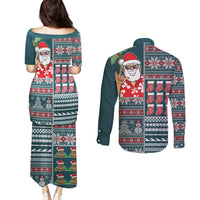 Hawaii Mele Kalikimaka Couples Matching Puletasi Dress and Long Sleeve Button Shirt Aloha and Christmas Elements Patchwork Turquoise Style LT03 - Polynesian Pride