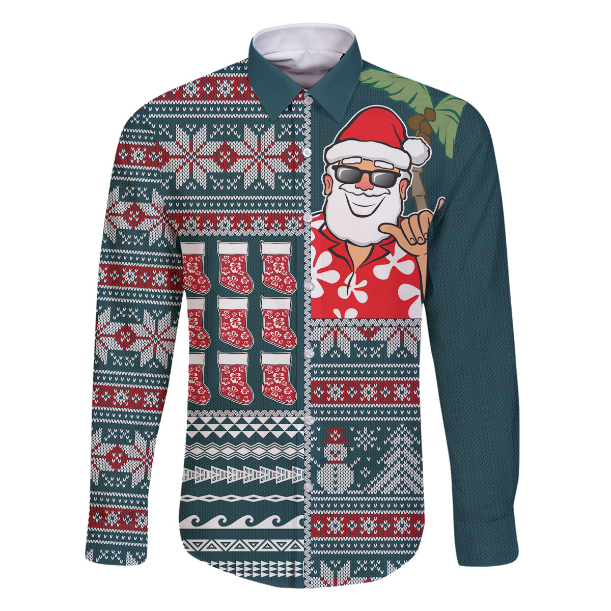 Hawaii Mele Kalikimaka Family Matching Off Shoulder Long Sleeve Dress and Hawaiian Shirt Aloha and Christmas Elements Patchwork Turquoise Style LT03 Dad's Shirt - Long Sleeve Turquoise - Polynesian Pride