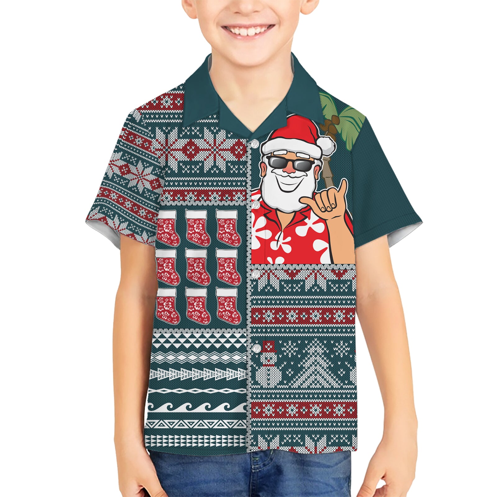 Hawaii Mele Kalikimaka Kid Hawaiian Shirt Aloha and Christmas Elements Patchwork Turquoise Style LT03 Kid Turquoise - Polynesian Pride