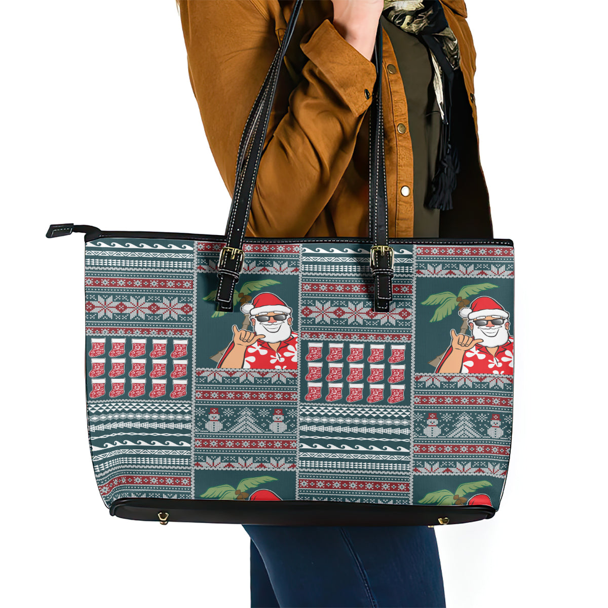 Hawaii Mele Kalikimaka Leather Tote Bag Aloha and Christmas Elements Patchwork Turquoise Style LT03 - Polynesian Pride