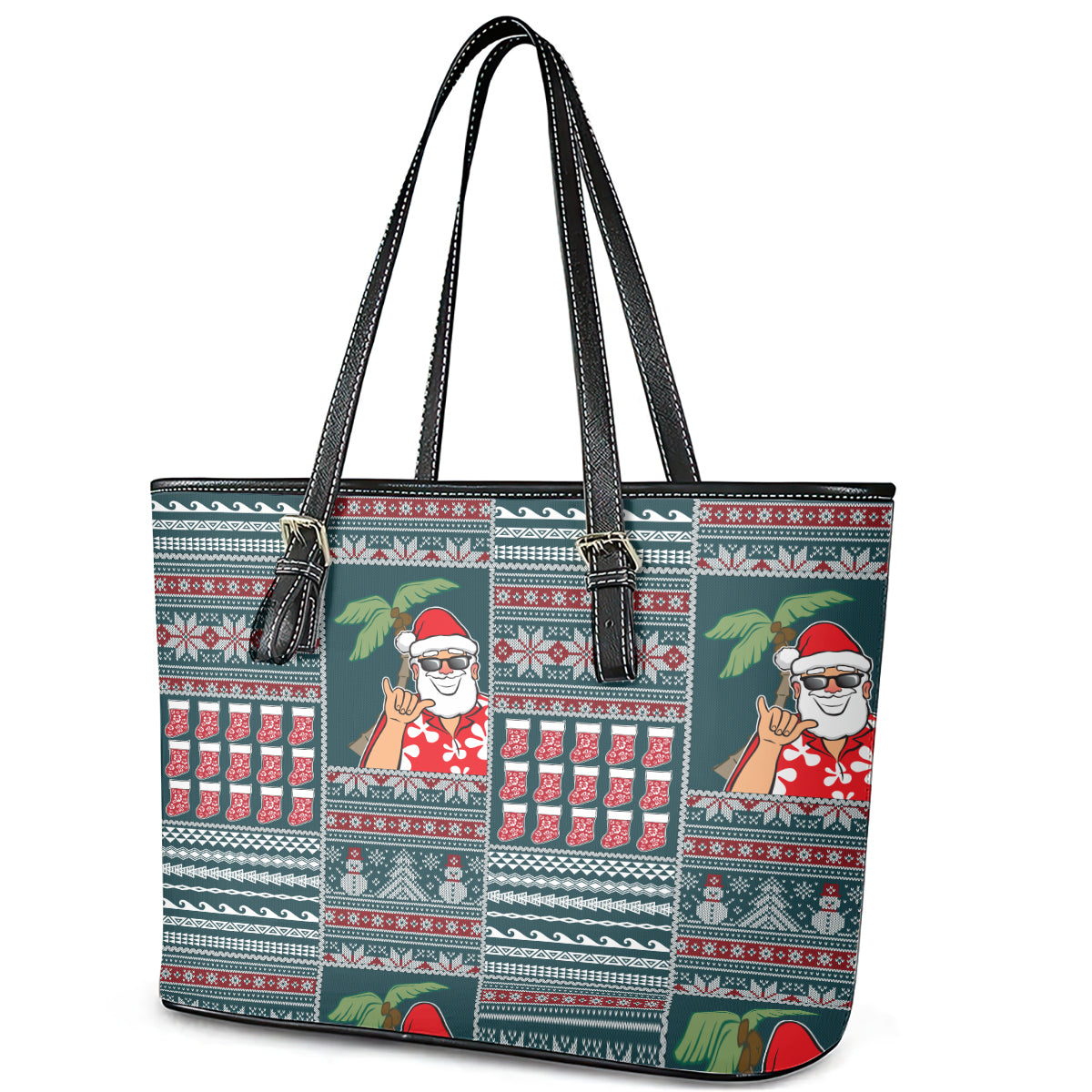Hawaii Mele Kalikimaka Leather Tote Bag Aloha and Christmas Elements Patchwork Turquoise Style LT03 - Polynesian Pride