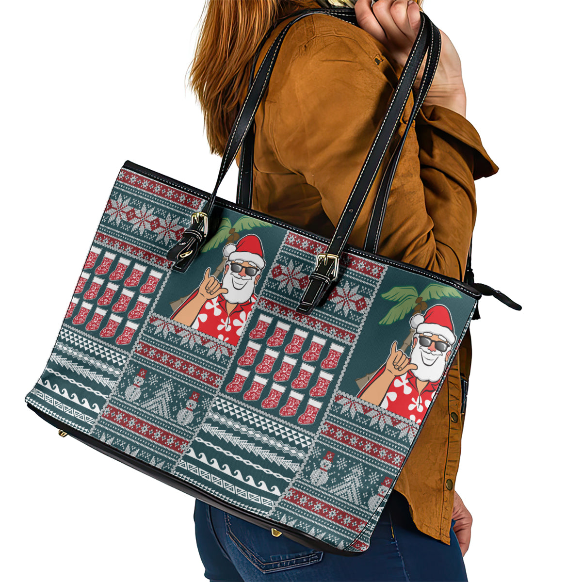 Hawaii Mele Kalikimaka Leather Tote Bag Aloha and Christmas Elements Patchwork Turquoise Style LT03 - Polynesian Pride