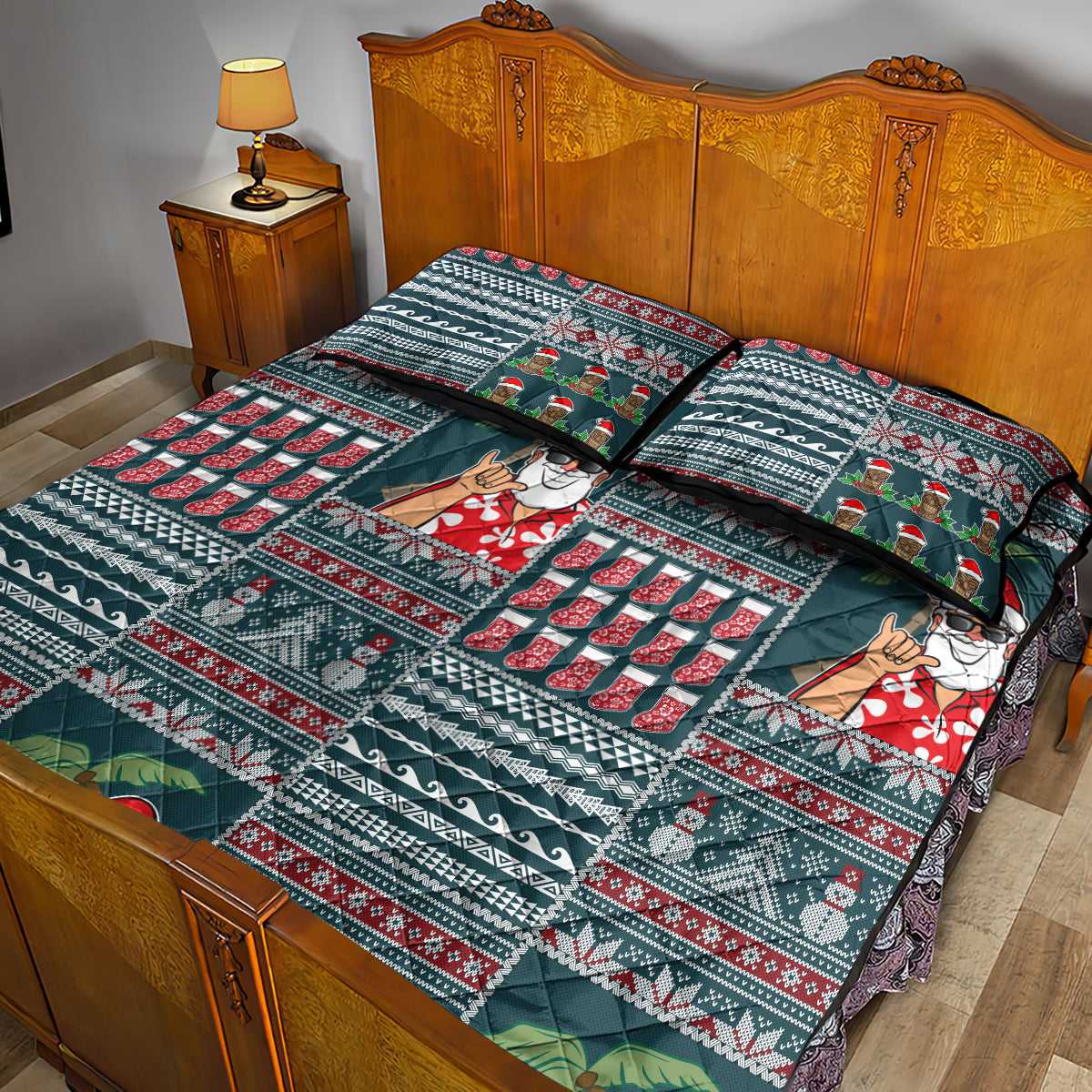 Hawaii Mele Kalikimaka Quilt Bed Set Aloha and Christmas Elements Patchwork Turquoise Style LT03 - Polynesian Pride