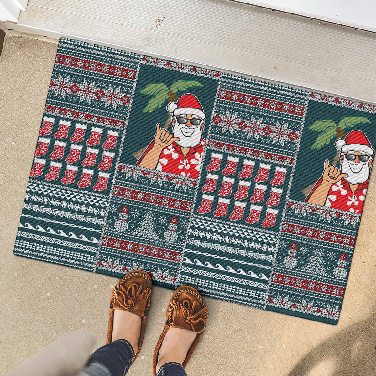 Hawaii Mele Kalikimaka Rubber Doormat Aloha and Christmas Elements Patchwork Turquoise Style LT03 - Polynesian Pride