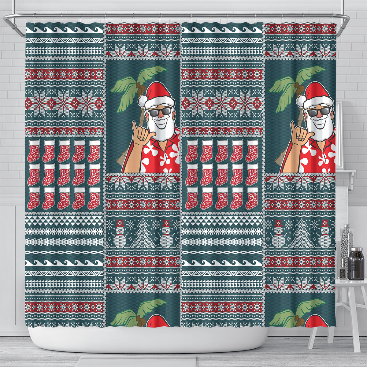 Hawaii Mele Kalikimaka Shower Curtain Aloha and Christmas Elements Patchwork Turquoise Style LT03 - Polynesian Pride