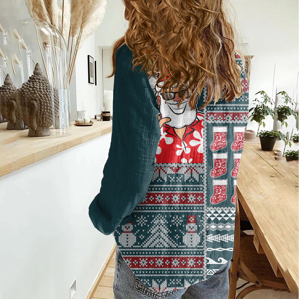 Hawaii Mele Kalikimaka Women Casual Shirt Aloha and Christmas Elements Patchwork Turquoise Style LT03 - Polynesian Pride