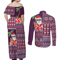 Hawaii Mele Kalikimaka Couples Matching Off Shoulder Maxi Dress and Long Sleeve Button Shirt Aloha and Christmas Elements Patchwork Pink Style LT03 - Polynesian Pride