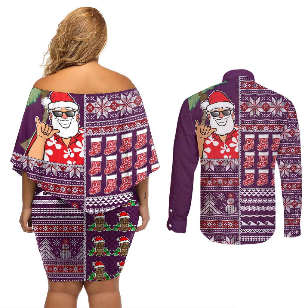 Hawaii Mele Kalikimaka Couples Matching Off Shoulder Short Dress and Long Sleeve Button Shirt Aloha and Christmas Elements Patchwork Pink Style LT03 - Polynesian Pride