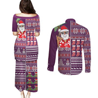 Hawaii Mele Kalikimaka Couples Matching Puletasi Dress and Long Sleeve Button Shirt Aloha and Christmas Elements Patchwork Pink Style LT03 - Polynesian Pride
