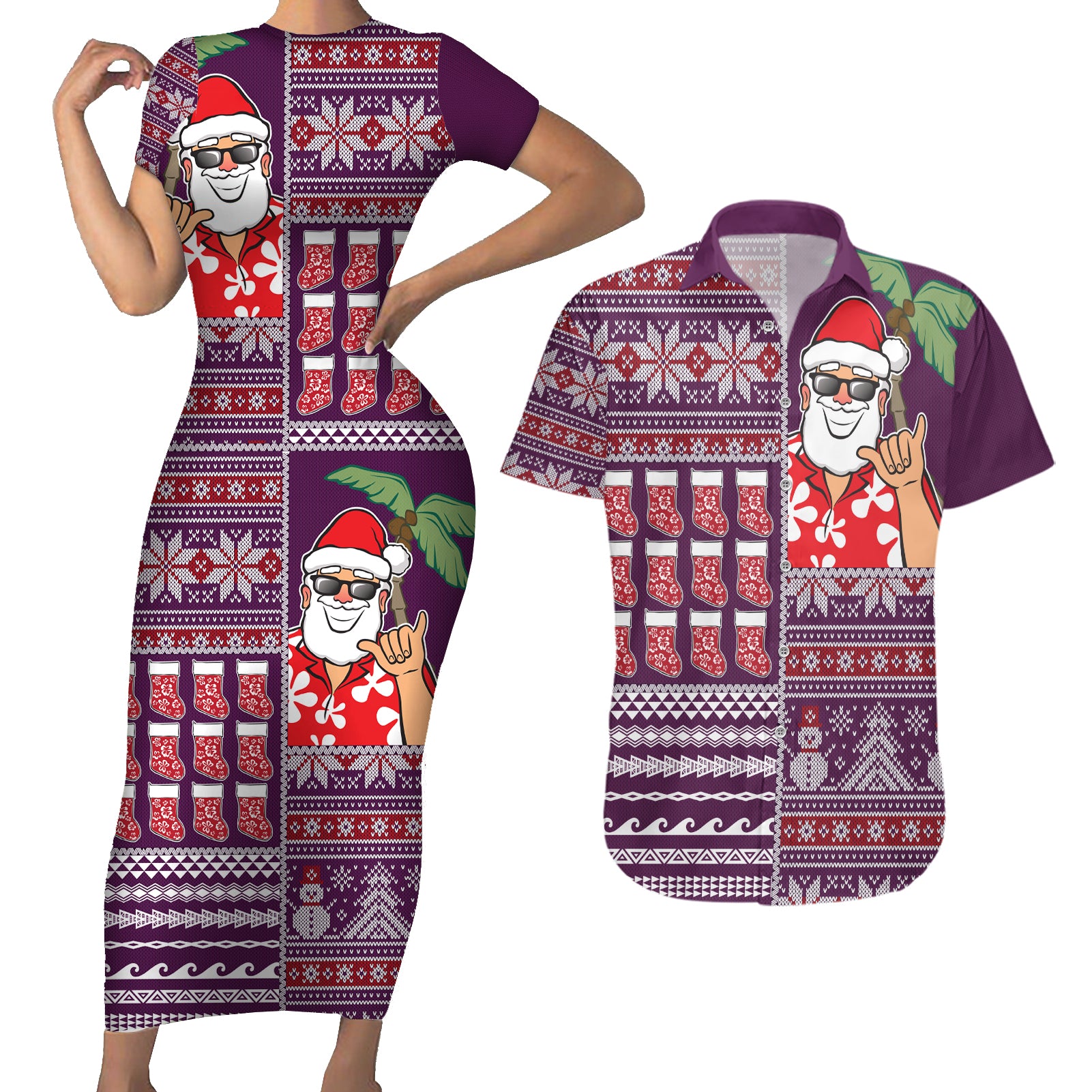 Hawaii Mele Kalikimaka Couples Matching Short Sleeve Bodycon Dress and Hawaiian Shirt Aloha and Christmas Elements Patchwork Pink Style LT03 Pink - Polynesian Pride