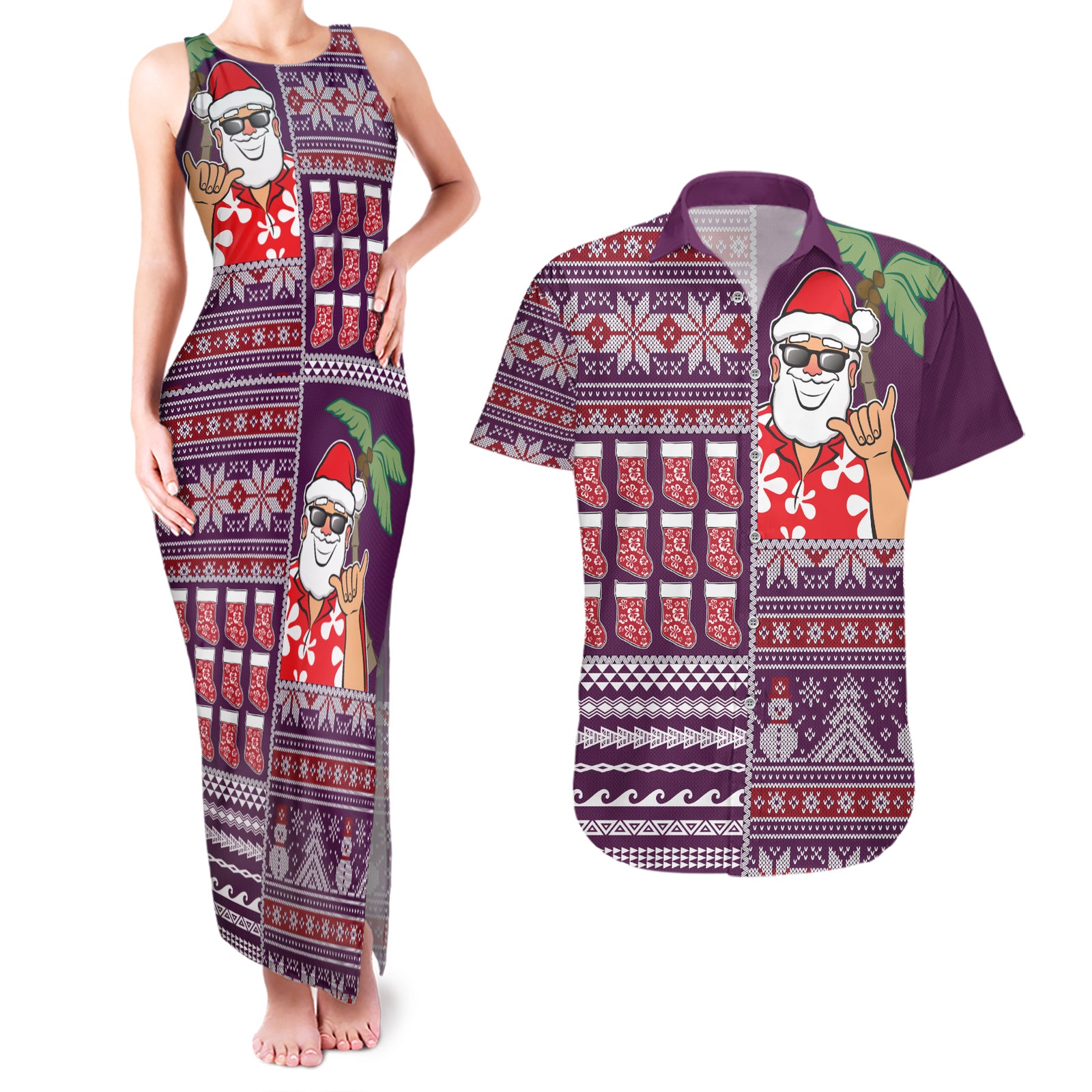 Hawaii Mele Kalikimaka Couples Matching Tank Maxi Dress and Hawaiian Shirt Aloha and Christmas Elements Patchwork Pink Style LT03 Pink - Polynesian Pride