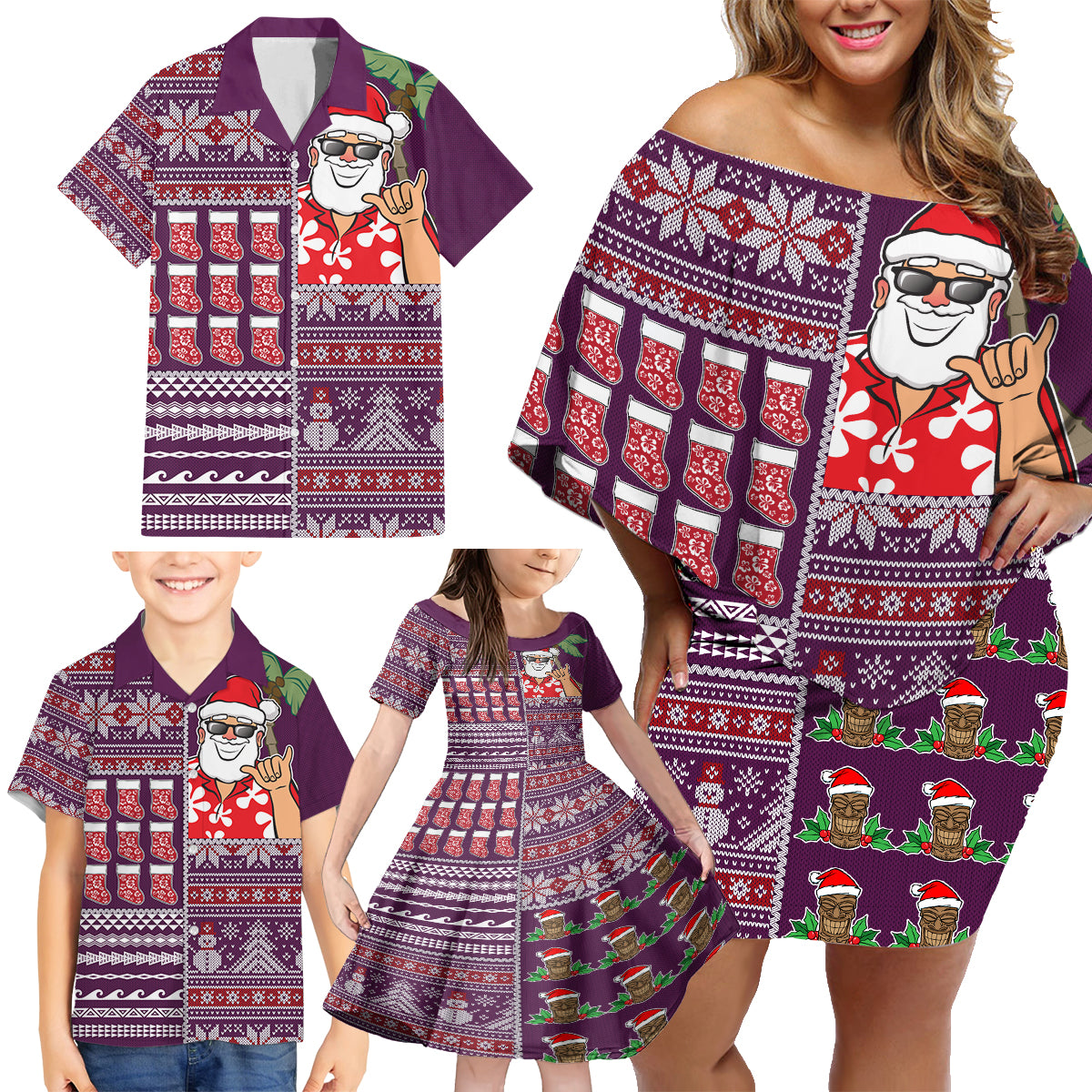 Hawaii Mele Kalikimaka Family Matching Off Shoulder Short Dress and Hawaiian Shirt Aloha and Christmas Elements Patchwork Pink Style LT03 - Polynesian Pride