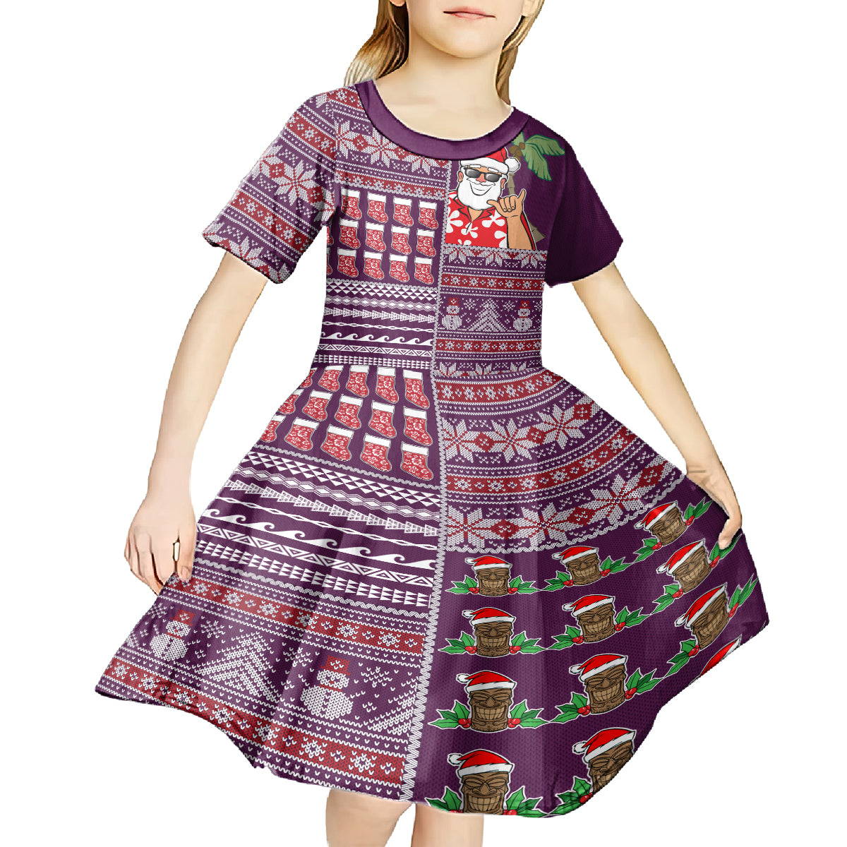 Hawaii Mele Kalikimaka Kid Short Sleeve Dress Aloha and Christmas Elements Patchwork Pink Style LT03 - Polynesian Pride