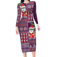 Hawaii Mele Kalikimaka Long Sleeve Bodycon Dress Aloha and Christmas Elements Patchwork Pink Style LT03 Long Dress Pink - Polynesian Pride