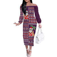 Hawaii Mele Kalikimaka Off The Shoulder Long Sleeve Dress Aloha and Christmas Elements Patchwork Pink Style LT03 Women Pink - Polynesian Pride