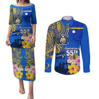 Personalised Nauru Independence Day Couples Matching Puletasi and Long Sleeve Button Shirt Nauruan Tribal Flag Style LT03 Blue - Polynesian Pride