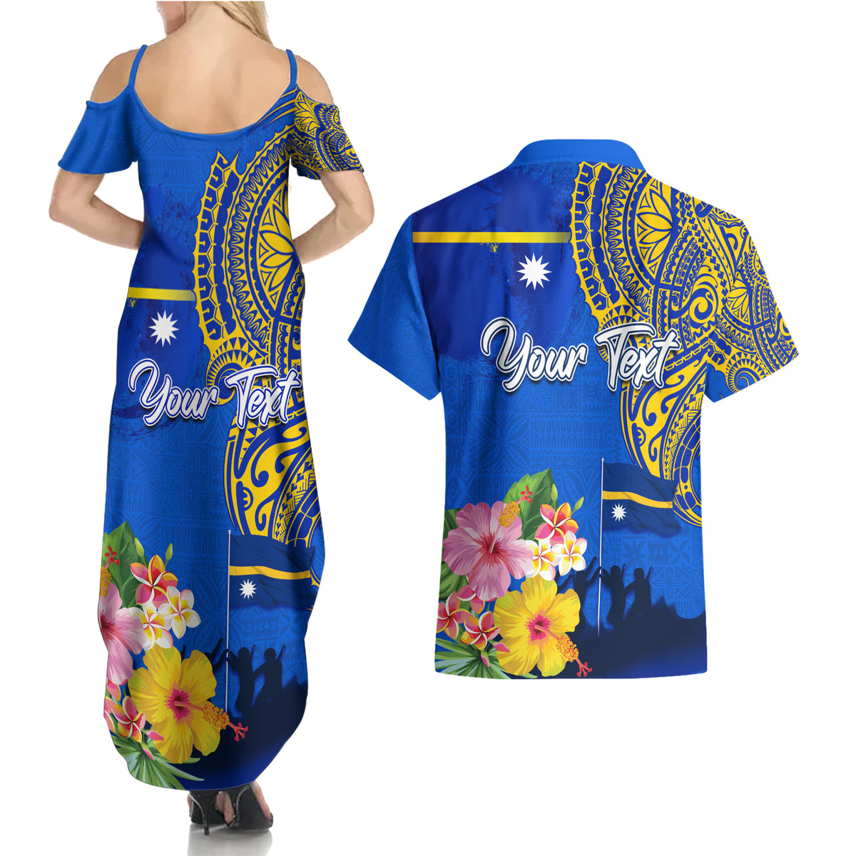 Personalised Nauru Independence Day Couples Matching Summer Maxi Dress and Hawaiian Shirt Nauruan Tribal Flag Style LT03 - Polynesian Pride