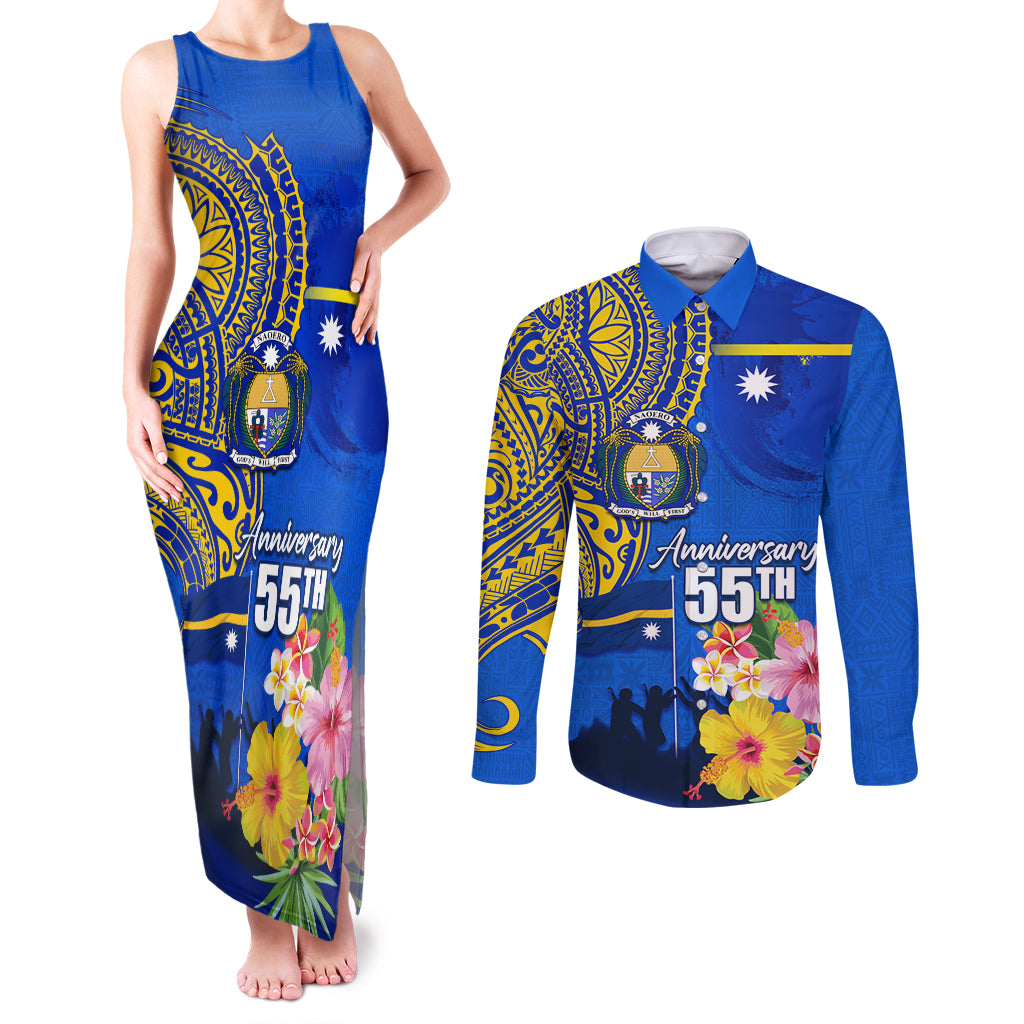 Personalised Nauru Independence Day Couples Matching Tank Maxi Dress and Long Sleeve Button Shirt Nauruan Tribal Flag Style LT03 Blue - Polynesian Pride