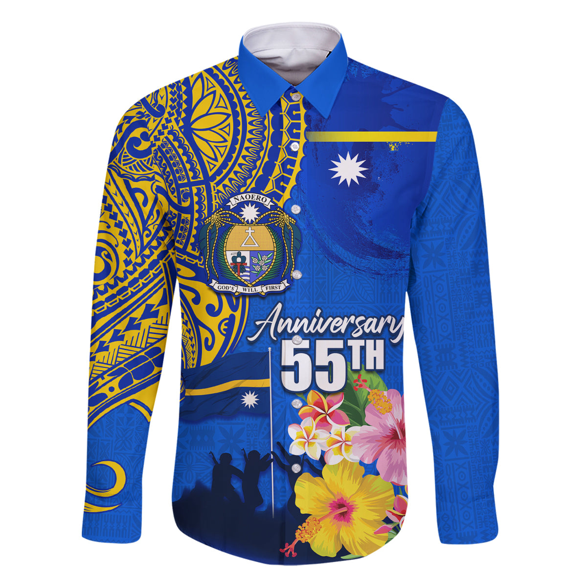 Personalised Nauru Independence Day Family Matching Long Sleeve Bodycon Dress and Hawaiian Shirt Nauruan Tribal Flag Style LT03 Dad's Shirt - Long Sleeve Blue - Polynesian Pride