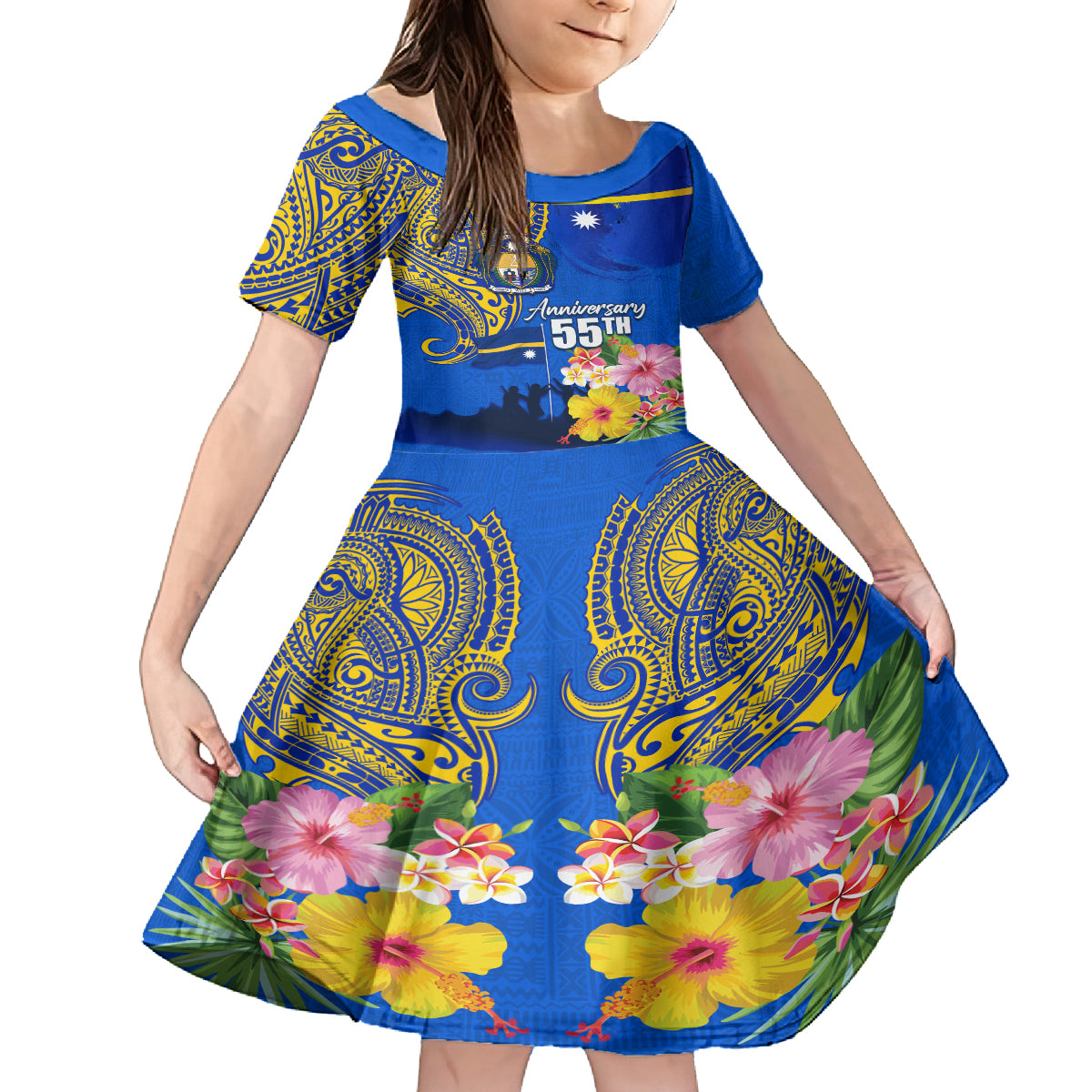 Personalised Nauru Independence Day Family Matching Puletasi and Hawaiian Shirt Nauruan Tribal Flag Style LT03 Daughter's Dress Blue - Polynesian Pride