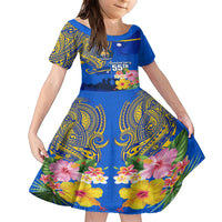Personalised Nauru Independence Day Family Matching Short Sleeve Bodycon Dress and Hawaiian Shirt Nauruan Tribal Flag Style LT03 Daughter's Dress Blue - Polynesian Pride