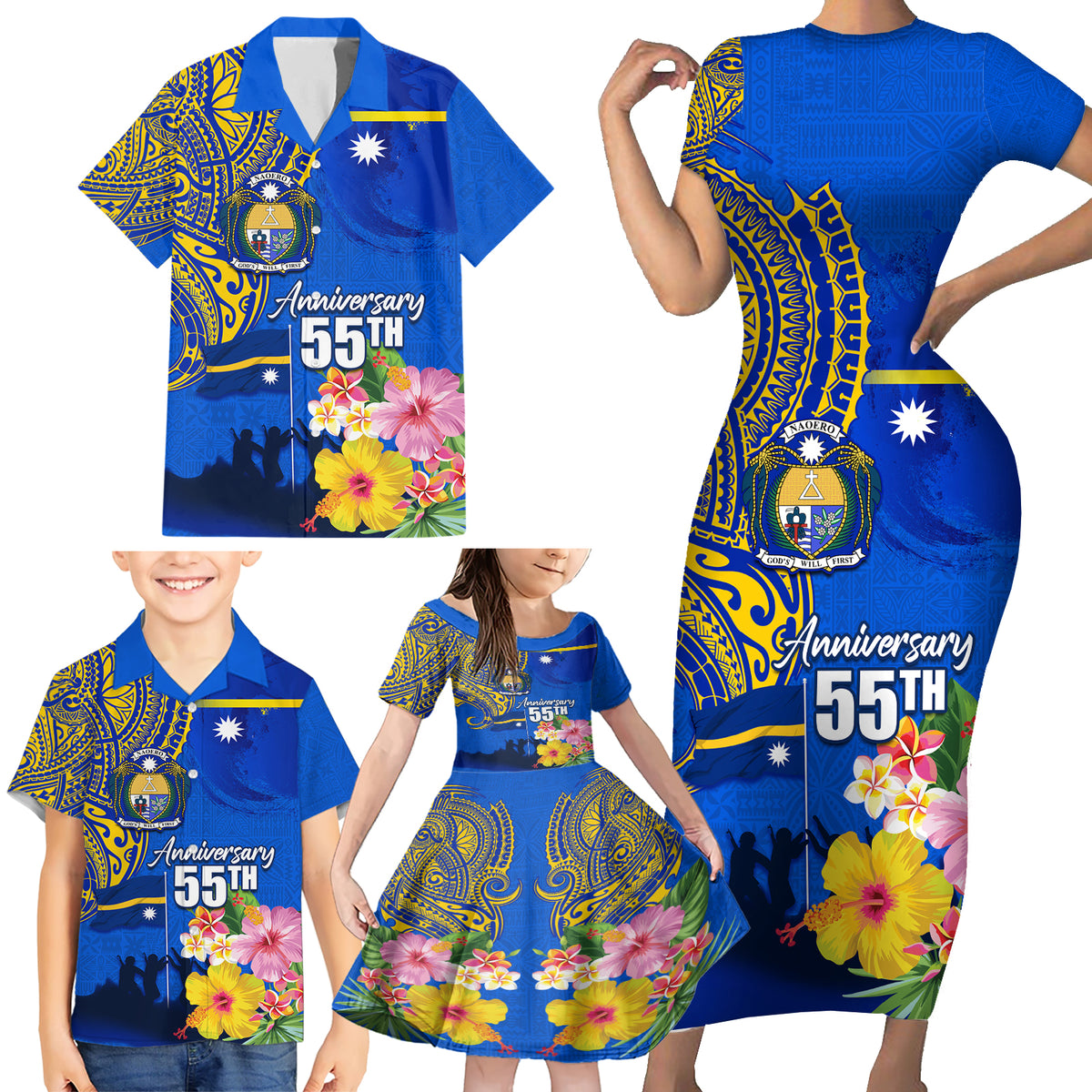 Personalised Nauru Independence Day Family Matching Short Sleeve Bodycon Dress and Hawaiian Shirt Nauruan Tribal Flag Style LT03 - Polynesian Pride