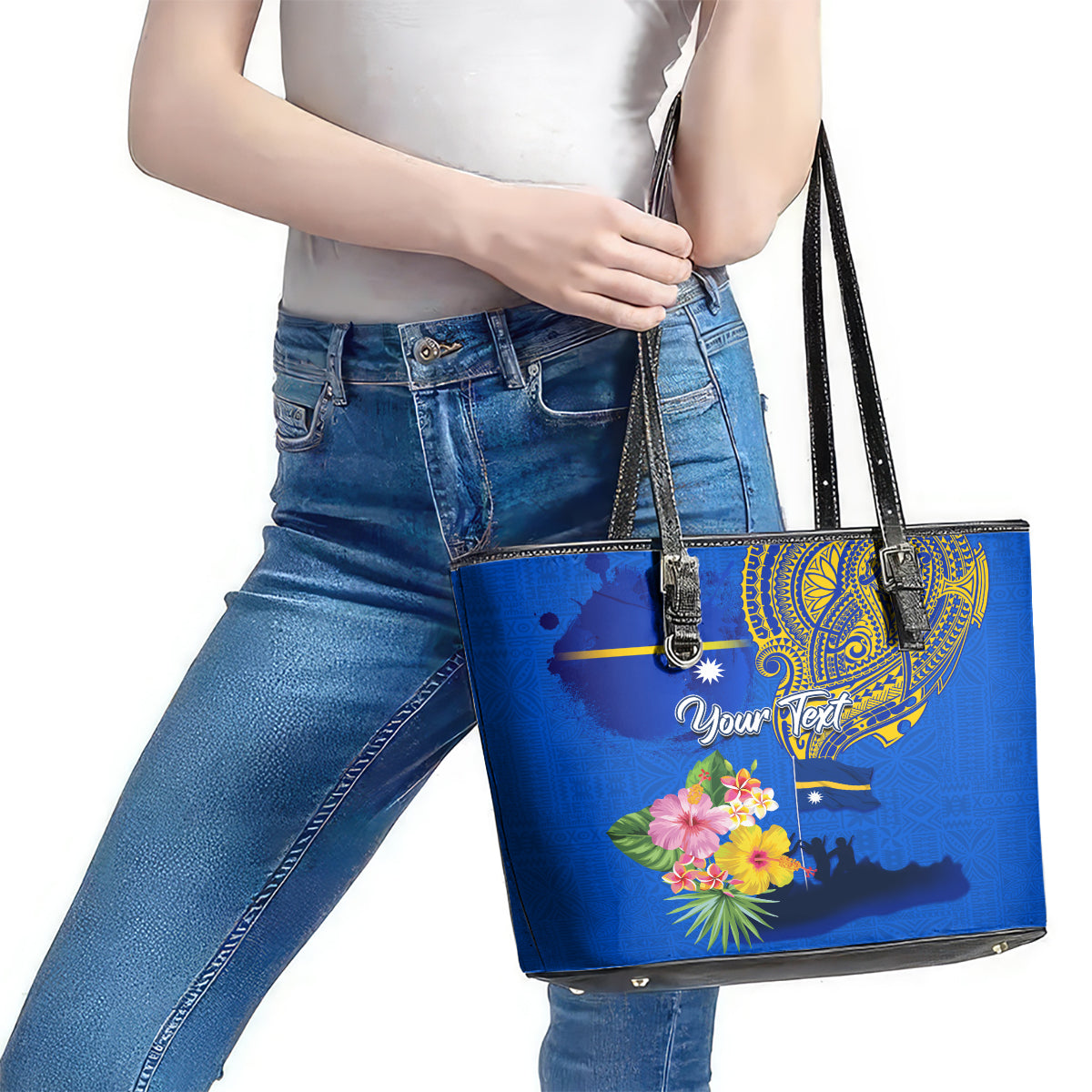Personalised Nauru Independence Day Leather Tote Bag Nauruan Tribal Flag Style LT03 - Polynesian Pride