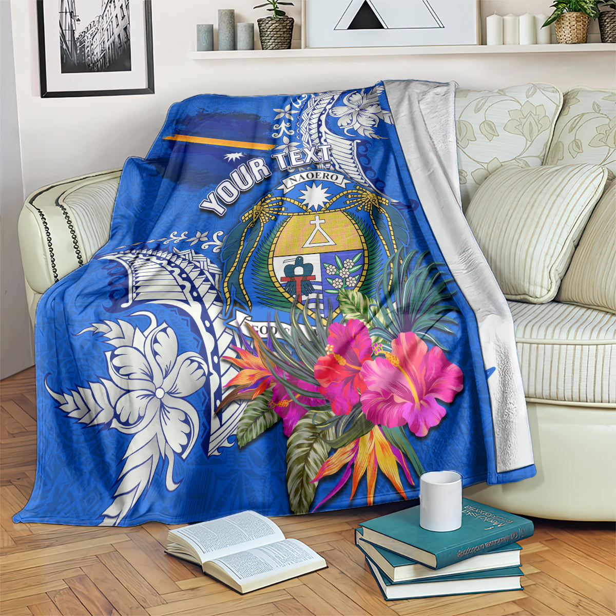 Personalised Nauru Coat of Arms Blanket Tropical Flower Polynesian Pattern LT03 - Polynesian Pride