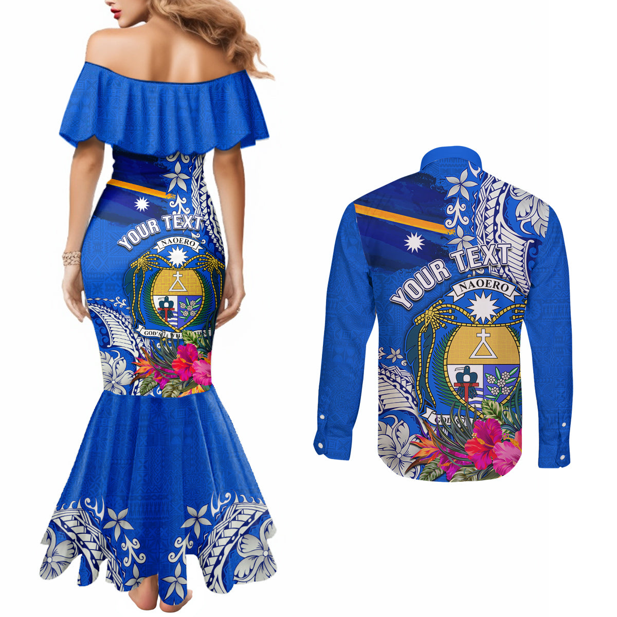 Personalised Nauru Coat of Arms Couples Matching Mermaid Dress and Long Sleeve Button Shirt Tropical Flower Polynesian Pattern LT03 - Polynesian Pride