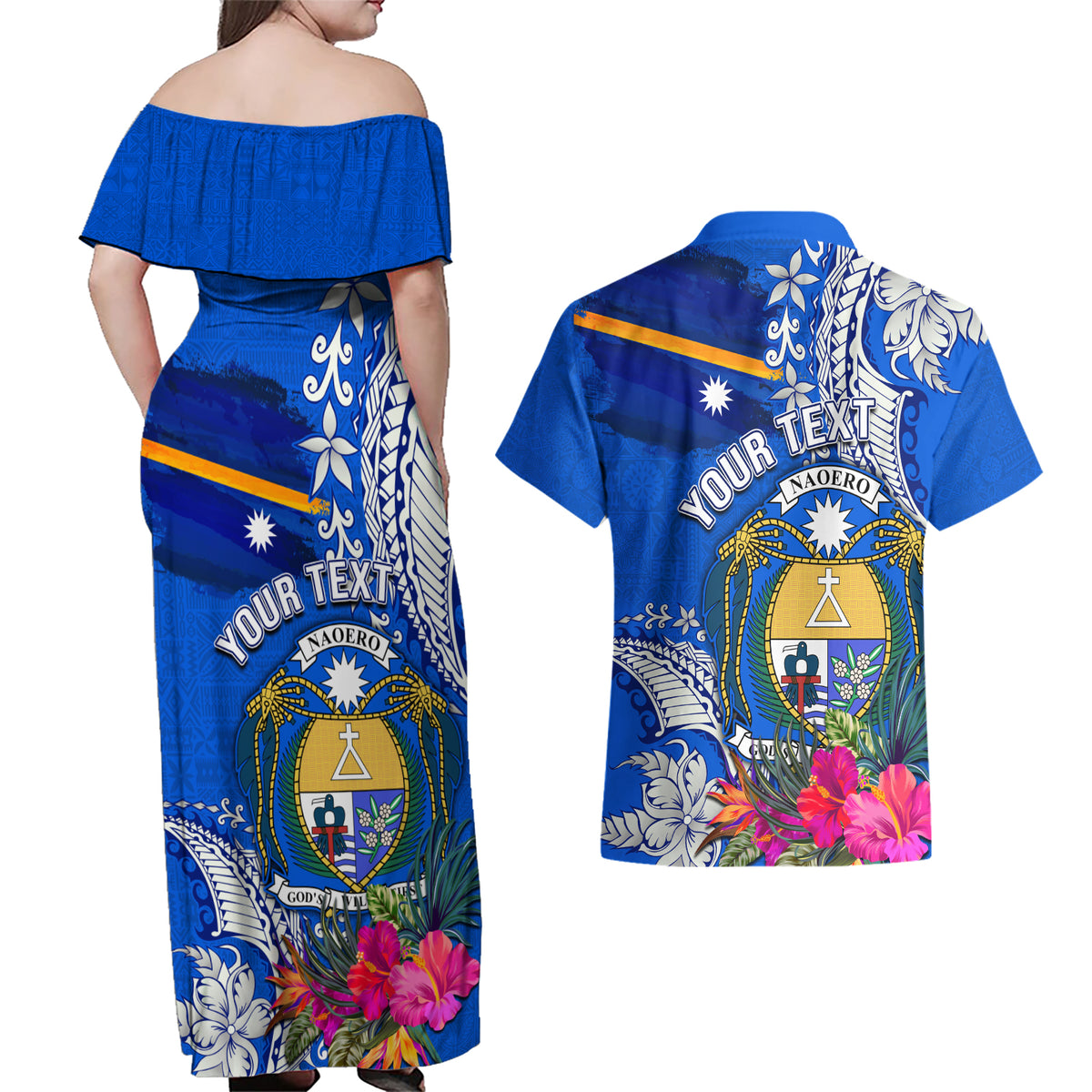 Personalised Nauru Coat of Arms Couples Matching Off Shoulder Maxi Dress and Hawaiian Shirt Tropical Flower Polynesian Pattern LT03 - Polynesian Pride