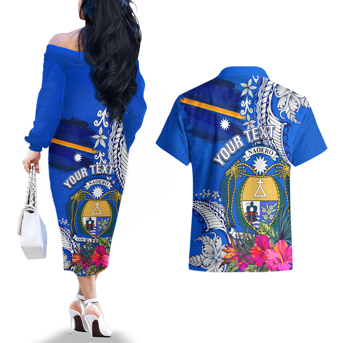 Personalised Nauru Coat of Arms Couples Matching Off The Shoulder Long Sleeve Dress and Hawaiian Shirt Tropical Flower Polynesian Pattern LT03 - Polynesian Pride