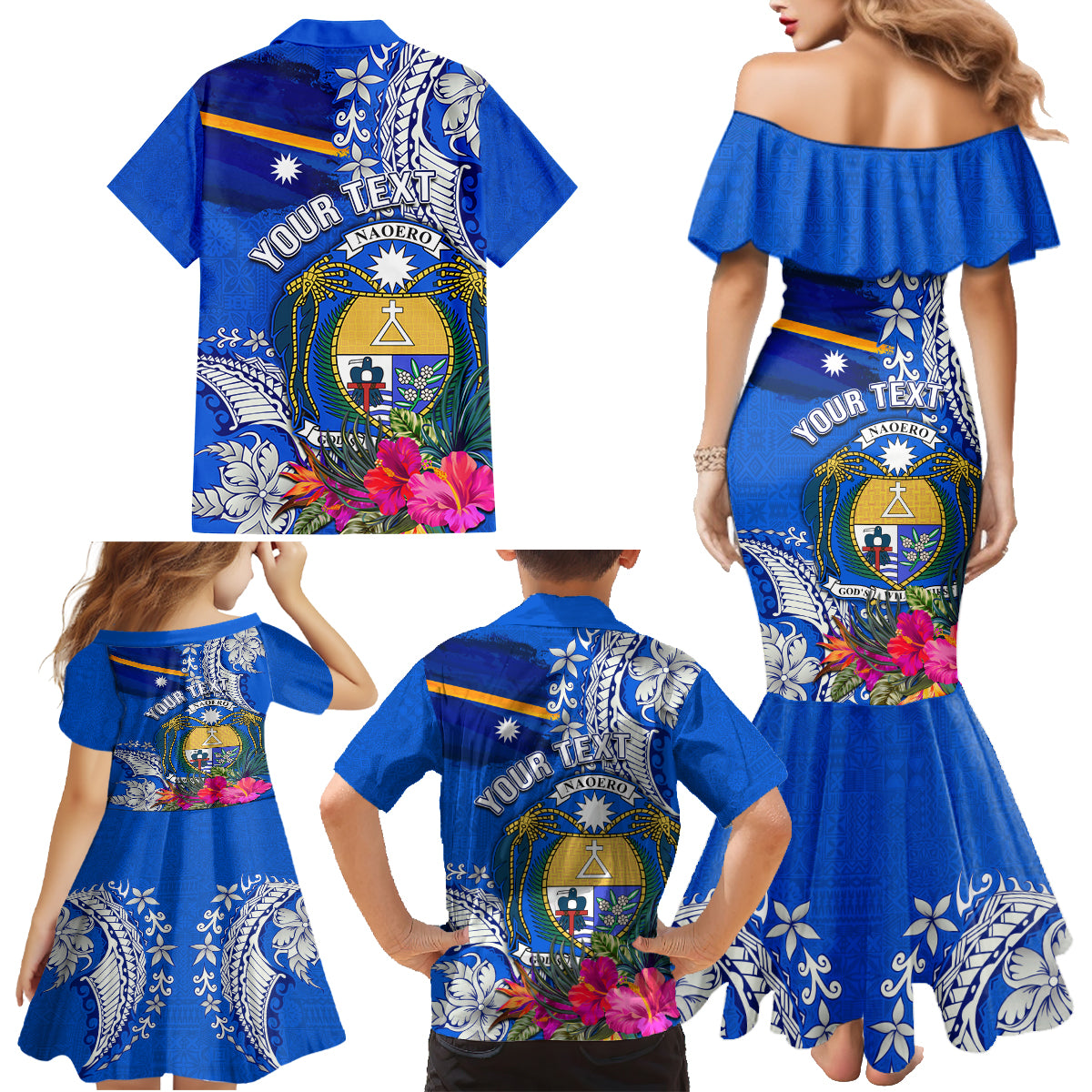 Personalised Nauru Coat of Arms Family Matching Mermaid Dress and Hawaiian Shirt Tropical Flower Polynesian Pattern LT03 - Polynesian Pride