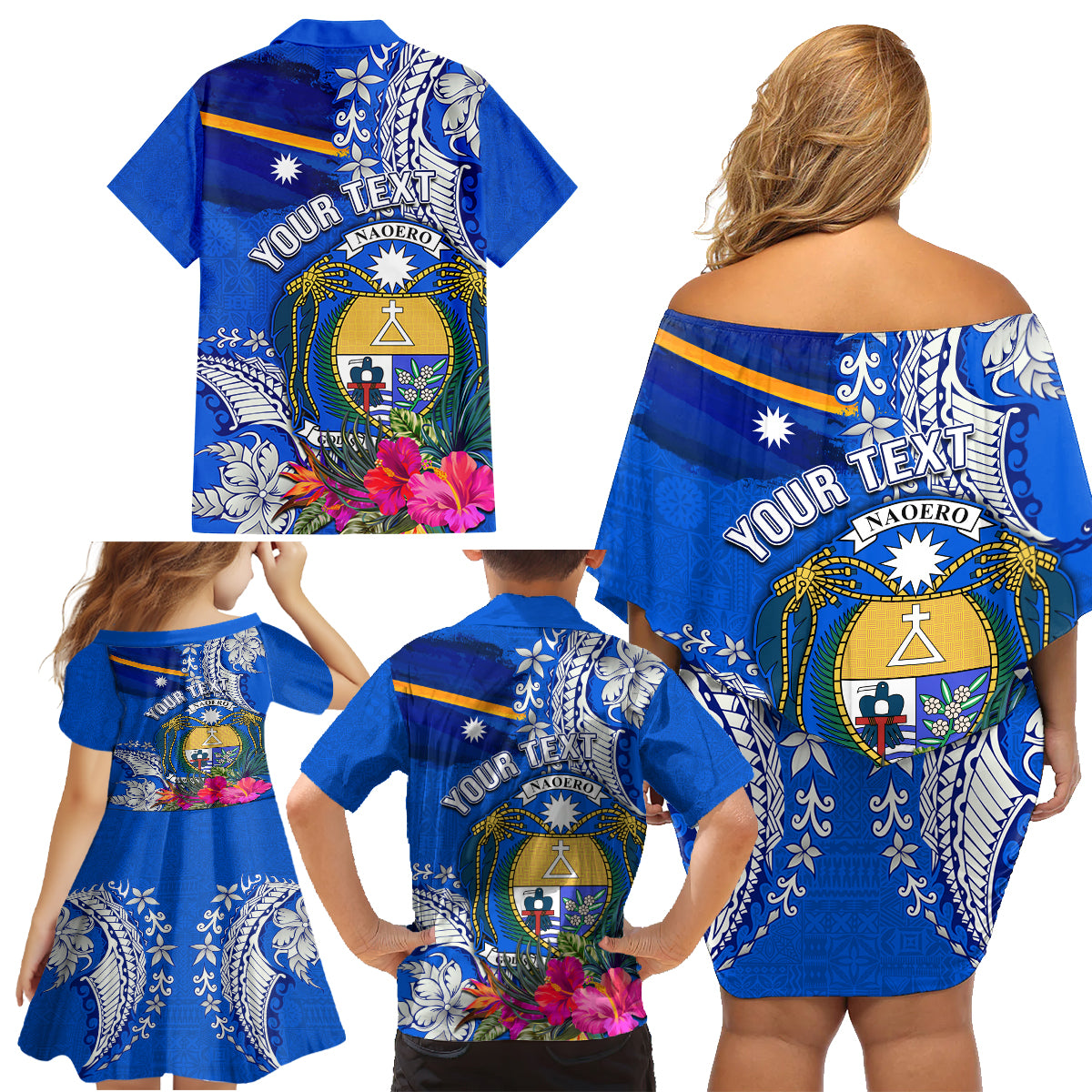 Personalised Nauru Coat of Arms Family Matching Off Shoulder Short Dress and Hawaiian Shirt Tropical Flower Polynesian Pattern LT03 - Polynesian Pride