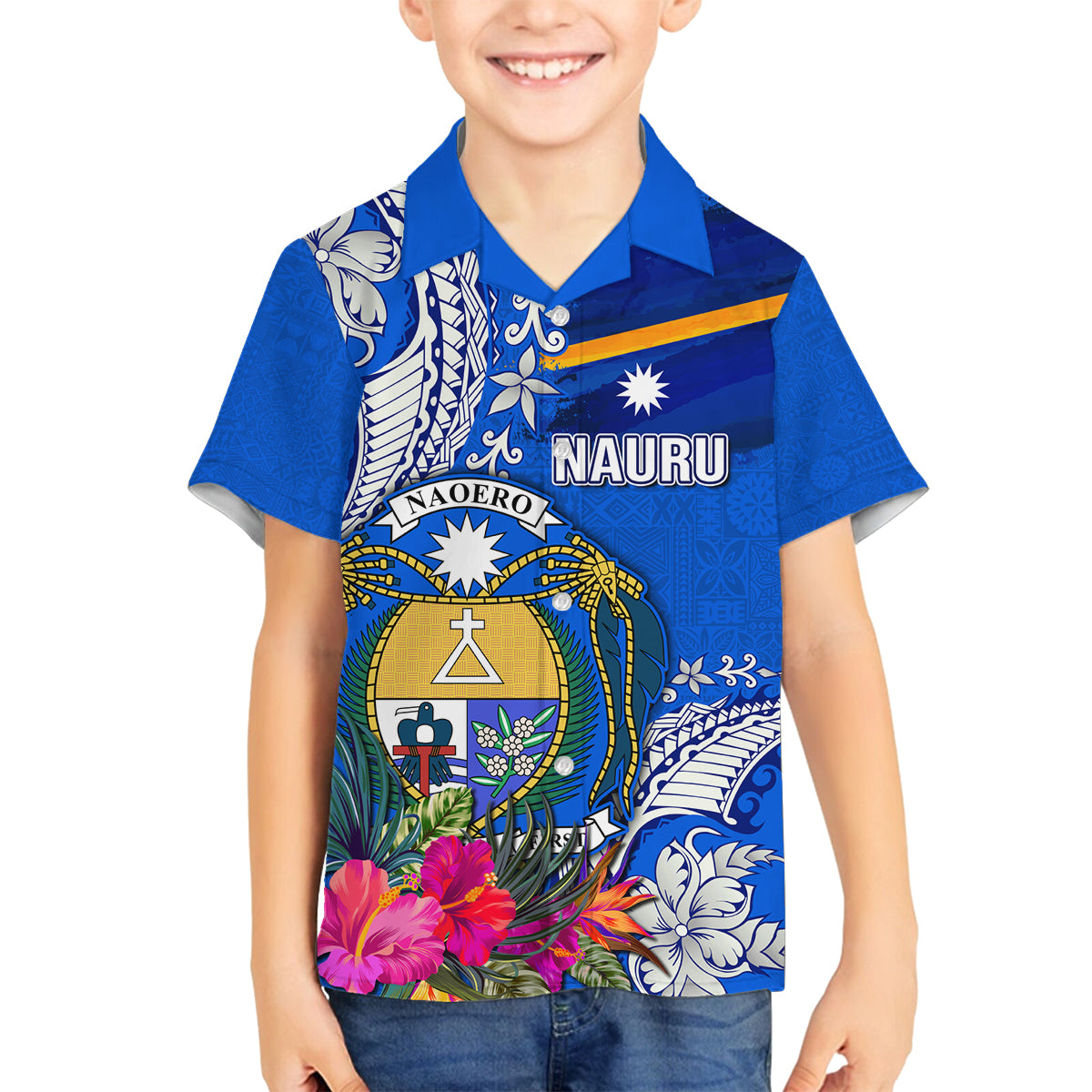 Personalised Nauru Coat of Arms Family Matching Off Shoulder Short Dress and Hawaiian Shirt Tropical Flower Polynesian Pattern LT03 Son's Shirt Blue - Polynesian Pride