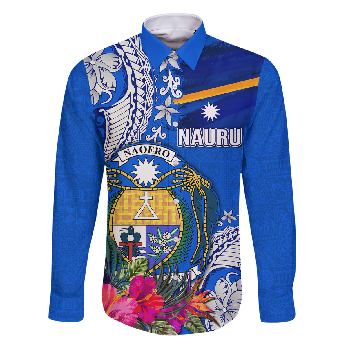Personalised Nauru Coat of Arms Family Matching Summer Maxi Dress and Hawaiian Shirt Tropical Flower Polynesian Pattern LT03 Dad's Shirt - Long Sleeve Blue - Polynesian Pride