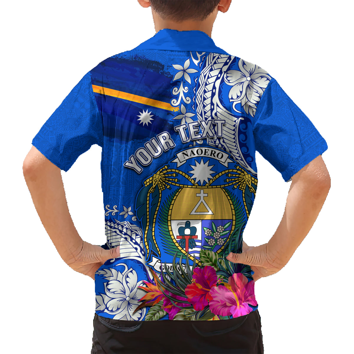 Personalised Nauru Coat of Arms Kid Hawaiian Shirt Tropical Flower Polynesian Pattern LT03 - Polynesian Pride