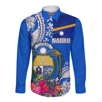 Personalised Nauru Coat of Arms Long Sleeve Button Shirt Tropical Flower Polynesian Pattern LT03 Unisex Blue - Polynesian Pride