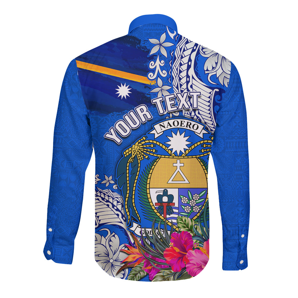 Personalised Nauru Coat of Arms Long Sleeve Button Shirt Tropical Flower Polynesian Pattern LT03 - Polynesian Pride