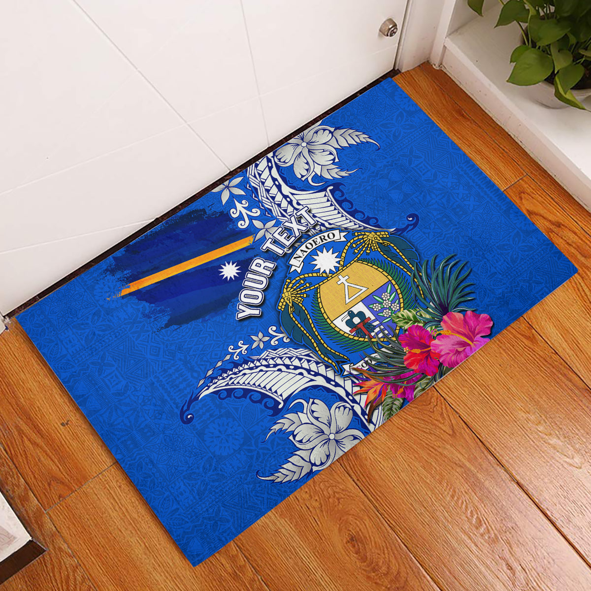 Personalised Nauru Coat of Arms Rubber Doormat Tropical Flower Polynesian Pattern LT03 Blue - Polynesian Pride