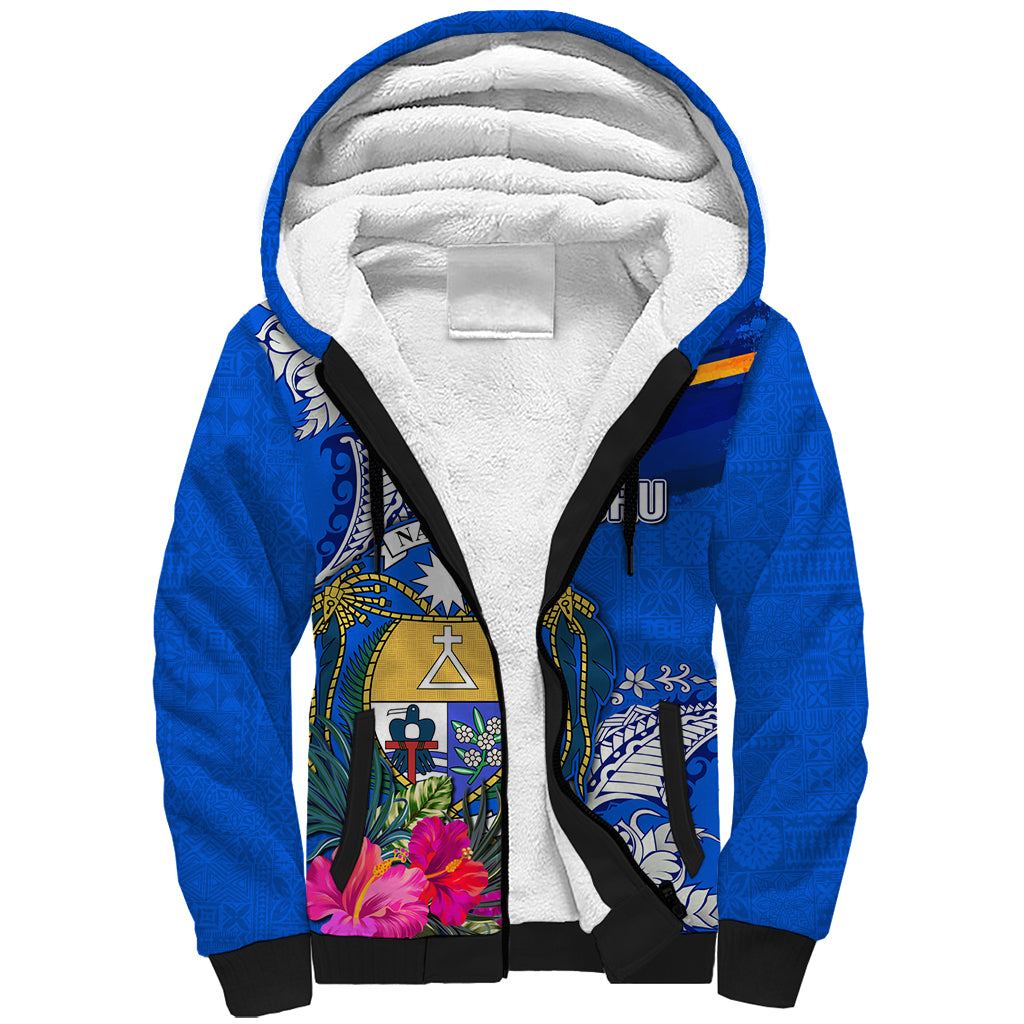 Personalised Nauru Coat of Arms Sherpa Hoodie Tropical Flower Polynesian Pattern LT03 Unisex Blue - Polynesian Pride