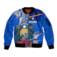Personalised Nauru Coat of Arms Sleeve Zip Bomber Jacket Tropical Flower Polynesian Pattern LT03 Unisex Blue - Polynesian Pride