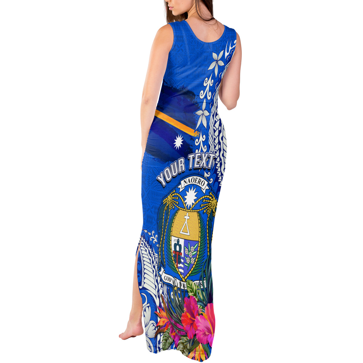 Personalised Nauru Coat of Arms Tank Maxi Dress Tropical Flower Polynesian Pattern LT03 - Polynesian Pride