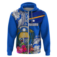 Personalised Nauru Coat of Arms Zip Hoodie Tropical Flower Polynesian Pattern LT03 Zip Hoodie Blue - Polynesian Pride