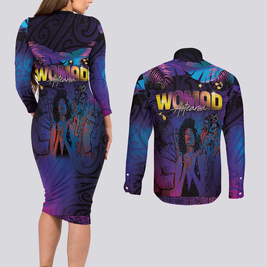 Aotearoa Arts Festival 2025 Couples Matching Long Sleeve Bodycon Dress and Long Sleeve Button Shirt Maori Music Art Dance - Rhythmic Vibes LT03 - Polynesian Pride